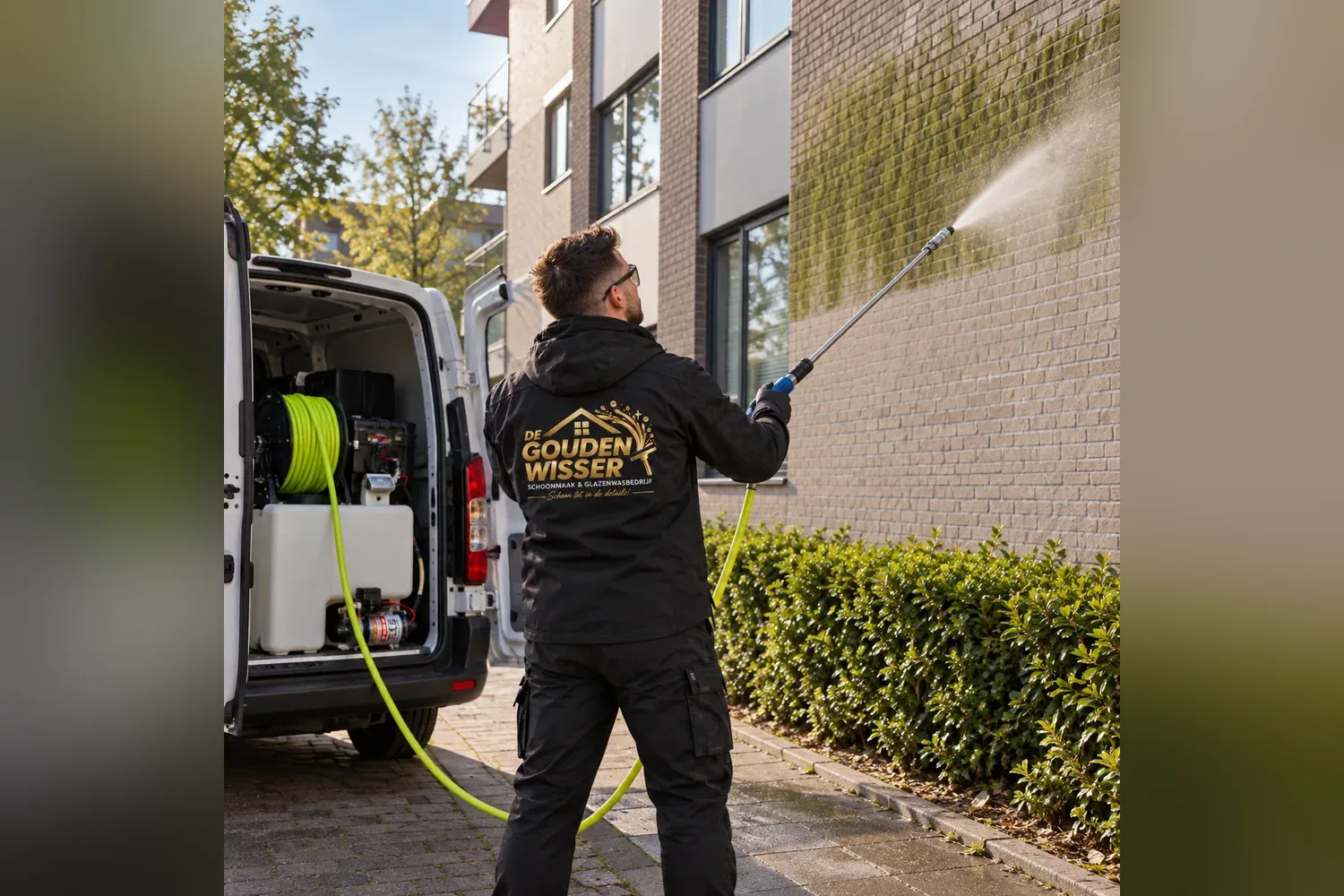 Medewerker haalt groene aanslag van een gevel
