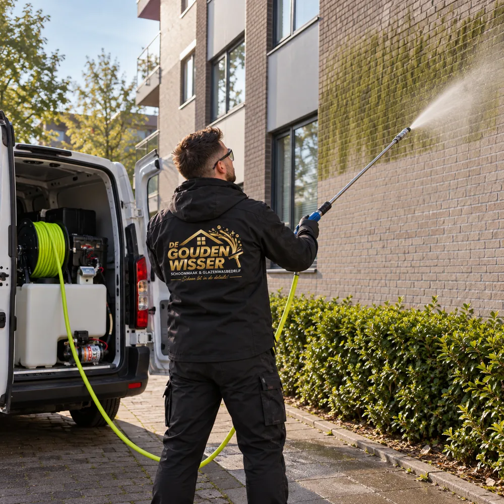 Medewerker van De Gouden Wisser brengt met lage druk reinigingsmiddel aan op groene aanslag op een gevel