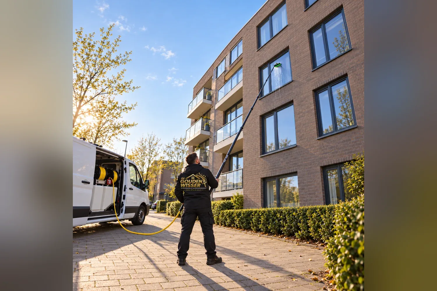 Glazenwasser wast de ramen van het complex