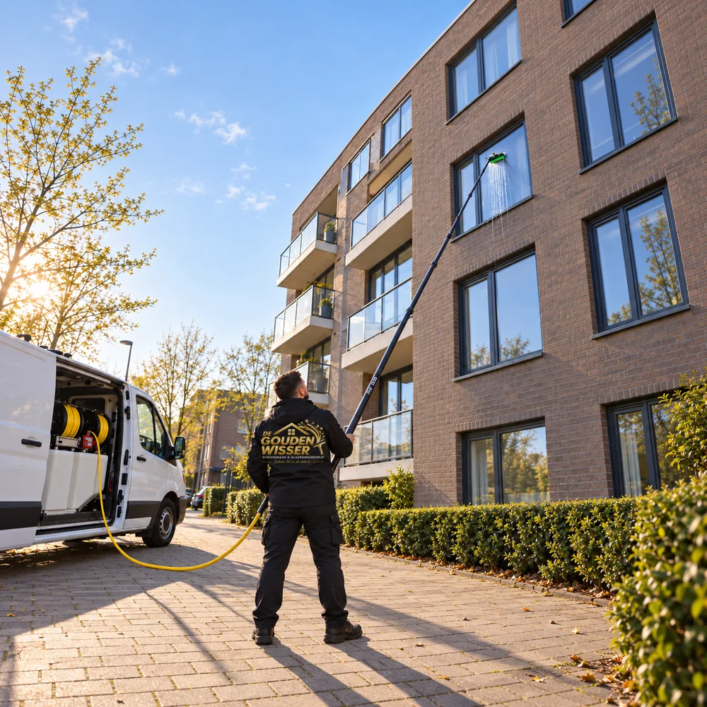 Glazenwasser van De Gouden Wisser wast een raam op de derde verdieping met een telescoopsteel