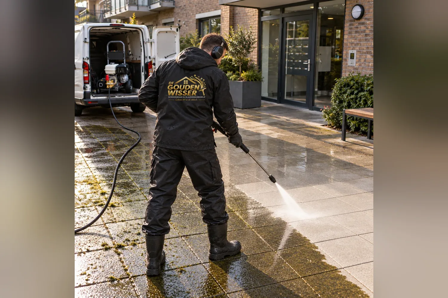 Medewerker reinigt de binnenplaats met hogedruk