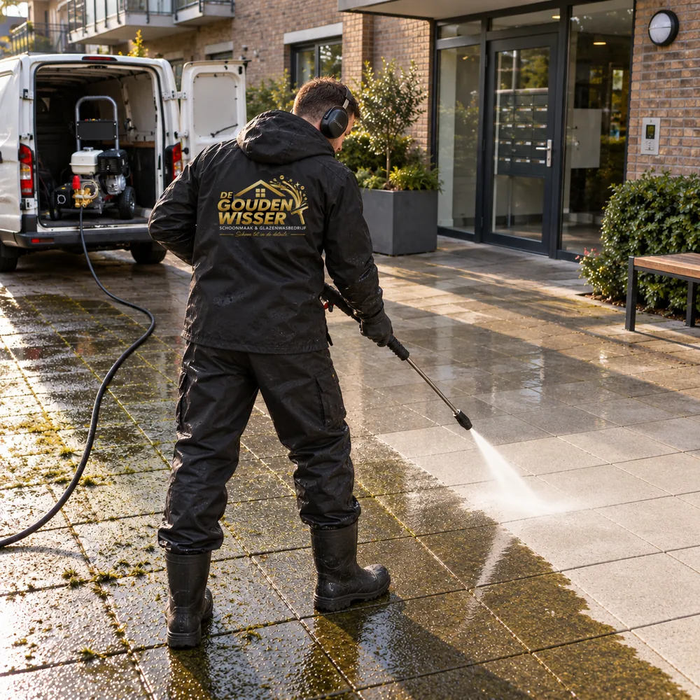 Medewerker van De Gouden Wisser reinigt de tegels van een binnenplaats met hogedruk