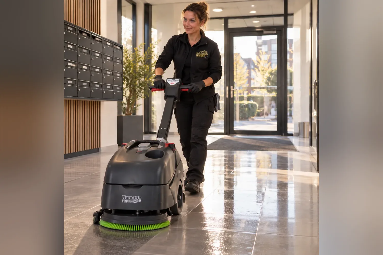 Schoonmaakster reinigt de entreevloer met een schrob-zuigmachine