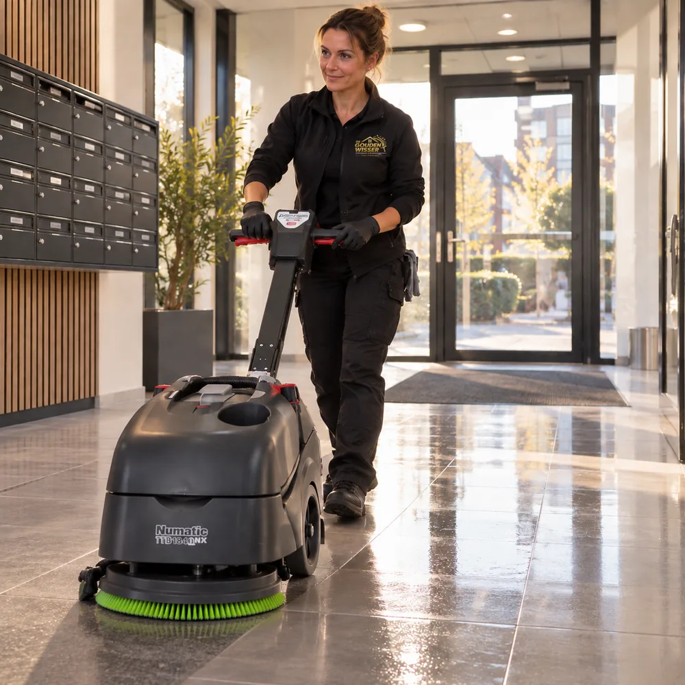Schoonmaakster van De Gouden Wisser reinigt de vloer van de entree met een schrob-zuigmachine