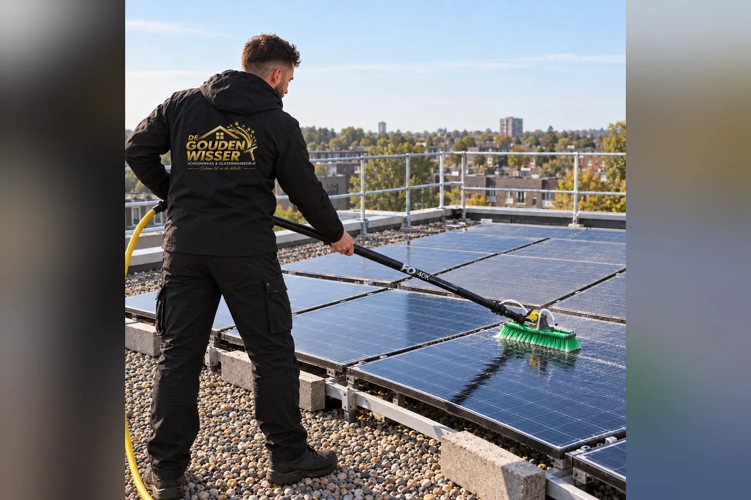 Medewerker reinigt zonnepanelen op een plat dak