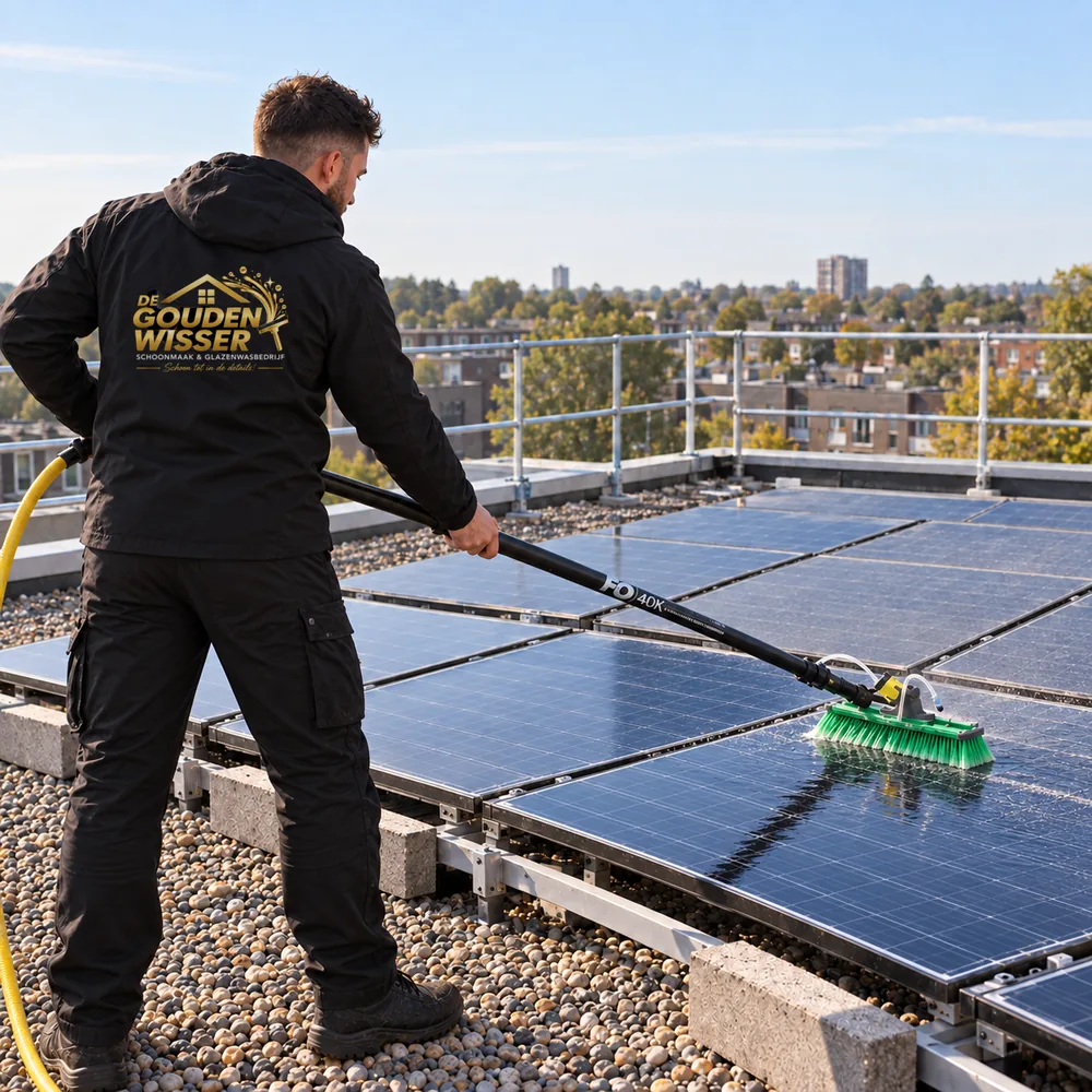 Medewerker van De Gouden Wisser reinigt zonnepanelen op een plat dak met een borstel op een telescoopsteel