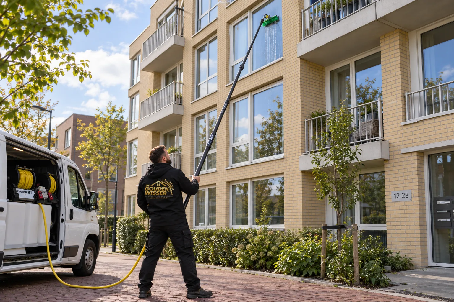 Glazenwasser van De Gouden Wisser wast met een telescoopsteel de ramen op de bovenste verdieping van een appartementencomplex