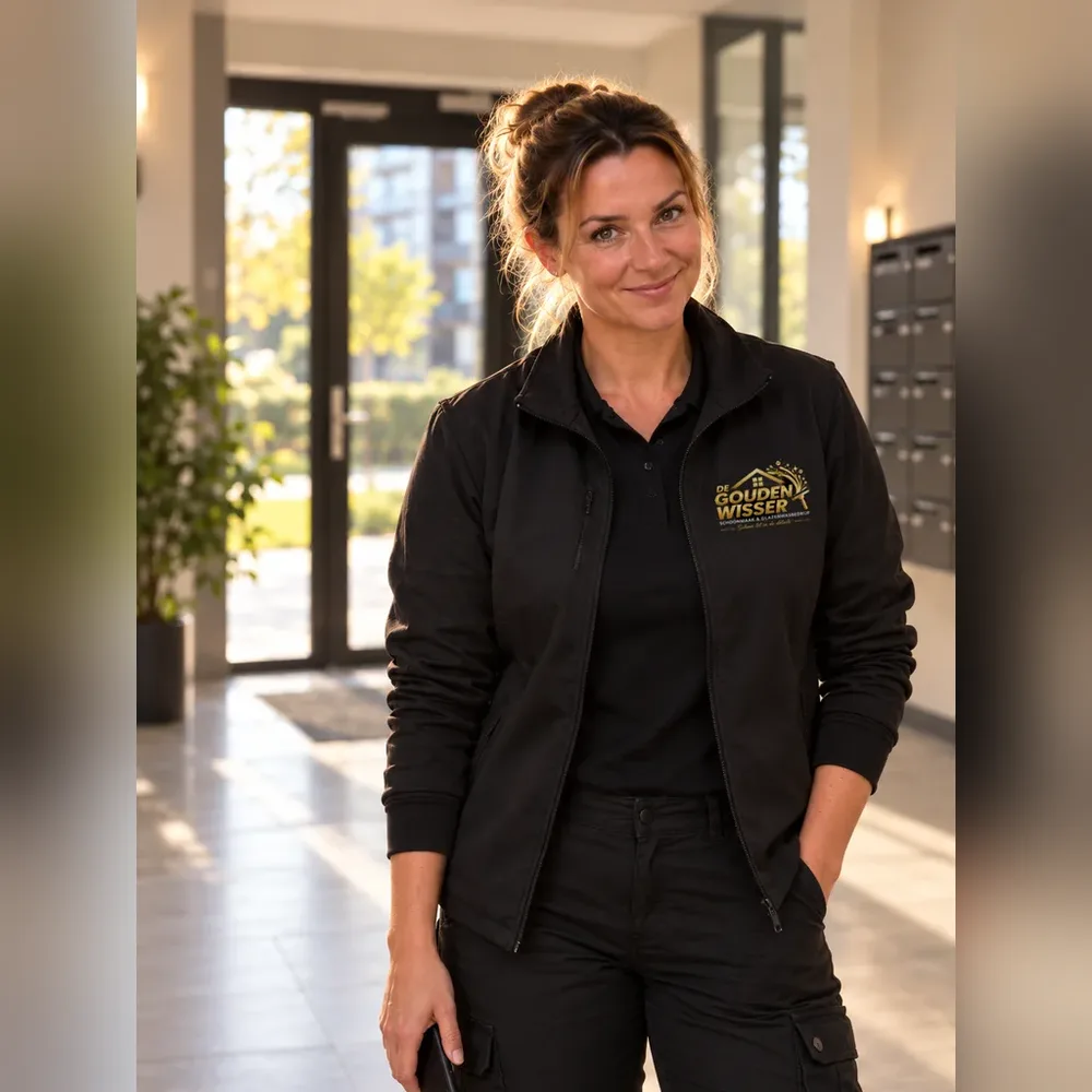 Schoonmaakster van De Gouden Wisser in de lichte entree van een pand