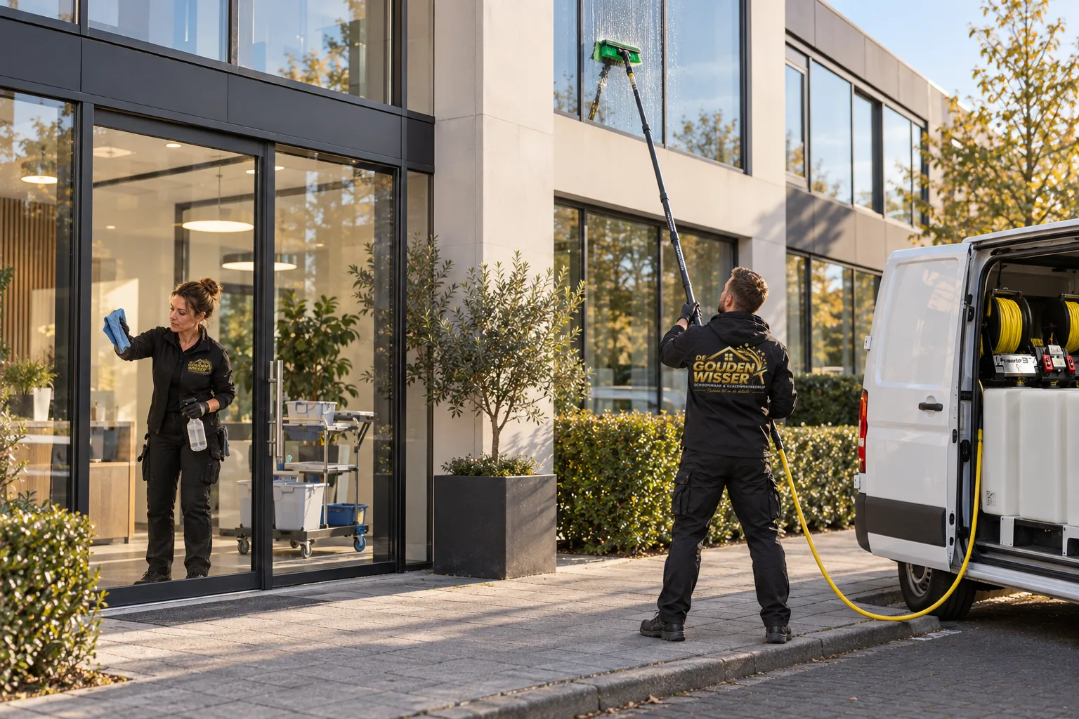 Het vaste team van De Gouden Wisser aan het werk bij een kantoorpand: de schoonmaakster neemt binnen de glazen pui af, de glazenwasser wast buiten de ramen op de verdieping